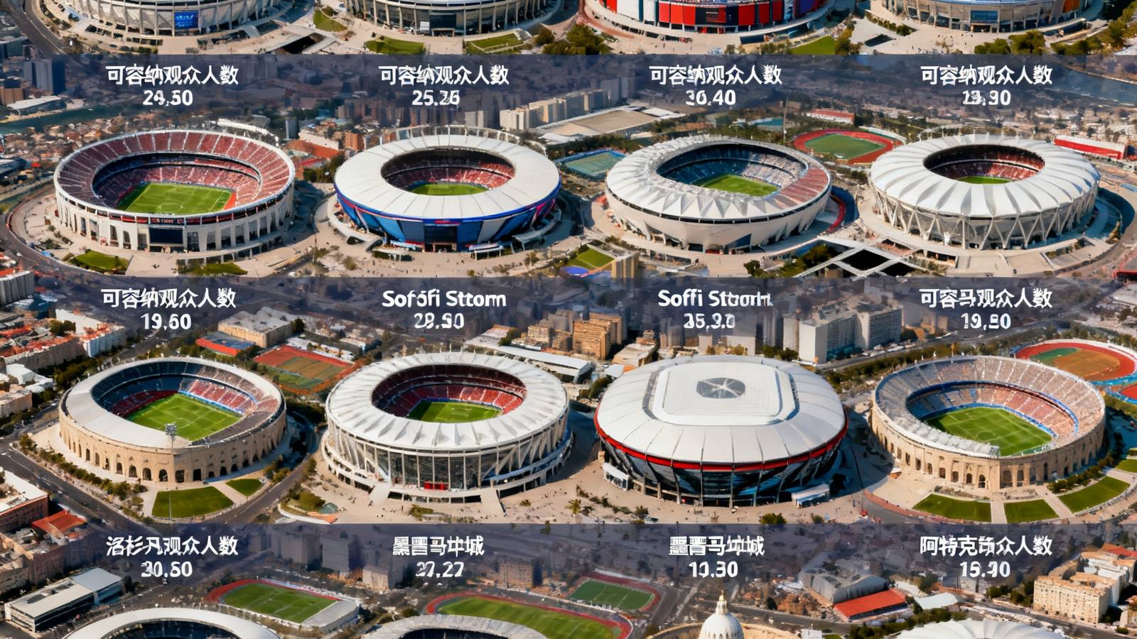 2026年美加墨世界杯16座主办城市体育场的航拍合集画面，包括纽约大都会人寿体育场、洛杉矶SoFi体育场、墨西哥城阿兹特克体育场等标志性场馆的俯瞰图，每座体育场标注了可容纳观众人数
