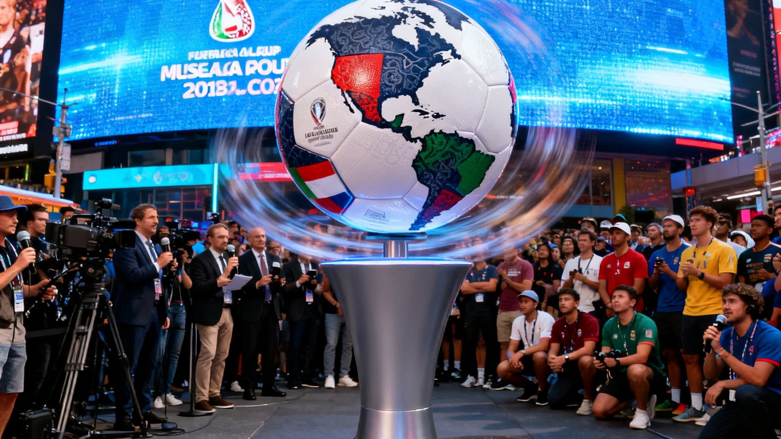 2026年美加墨世界杯官方比赛用球在纽约时代广场巨型LED屏幕下首次亮相，银色底座上旋转展示着一颗设计新颖的足球，球面印有北美三国地图形状的暗纹和三色拼接图案，周围围满了记者和球迷