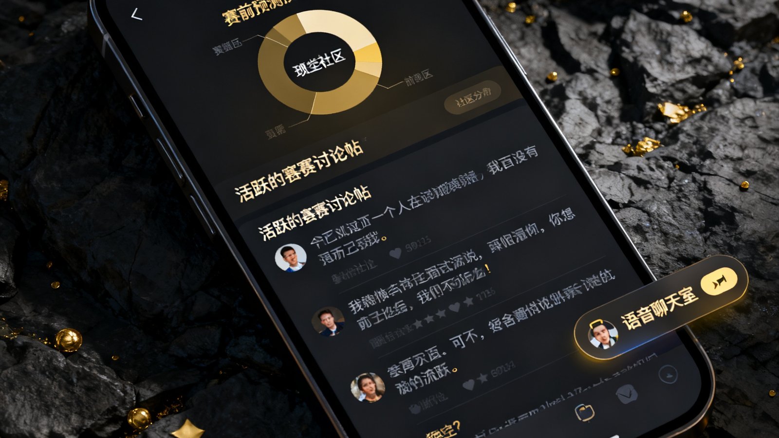 悟空体育App球迷社区界面的手机截屏展示，屏幕上显示着一个活跃的赛后讨论帖，数百条评论在实时滚动，顶部是赛前预测投票的结果分布饼图，右下角浮动着语音聊天室入口按钮，整体界面采用深色主题配合金色点缀