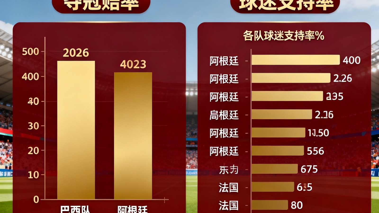 一张信息图数据可视化设计，左侧是2026世界杯各支热门球队的夺冠赔率柱状图，右侧对应展示悟空体育社区内各队的球迷支持率百分比，巴西队在两项数据中都位居榜首，阿根廷和法国紧随其后，图表使用深红和金色配色